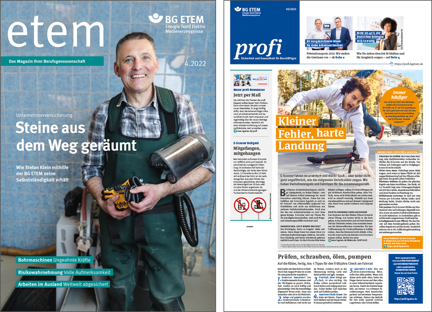 Abbildung 1: etem und profi – Magazin und Zeitschrift der BG ETEM | © BG ETEM