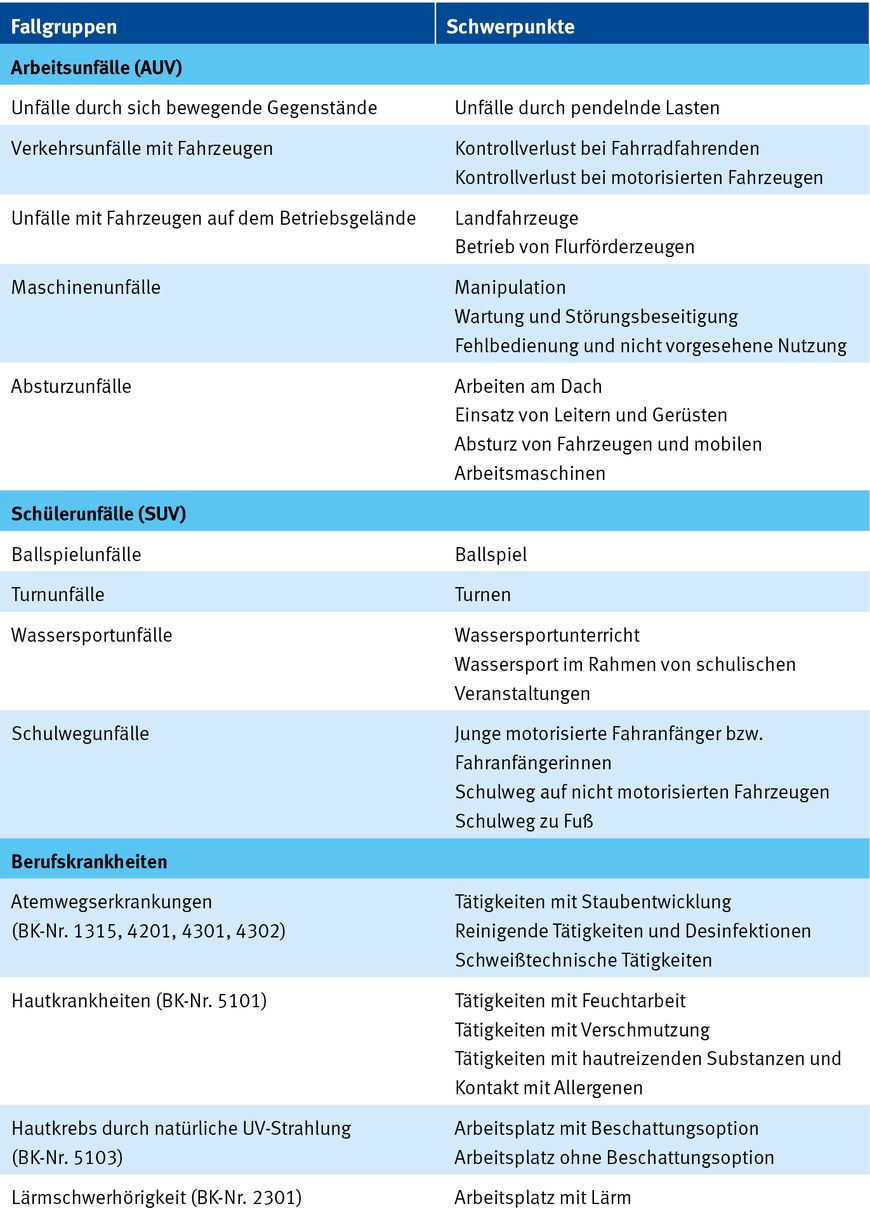 Tabelle 1: Entwickelte Fallgruppen und Schwerpunkte | © Referat Statistik, Deutsche Gesetzliche Unfallversicherung (DGUV)