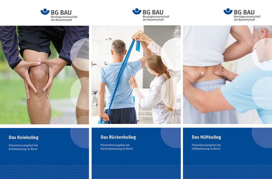 Coverabbildungen der BG BAU-Broschüren Kniekolleg, Rückenkolleg, Hüftkolleg | © BG BAU