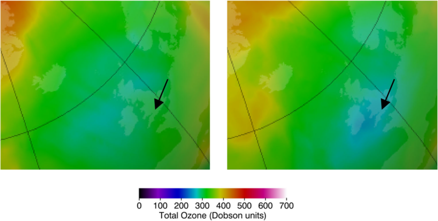 Stratosphärisches Gesamt-Ozon über den Britischen Inseln, 6. April und 7. April 2017 | © https://ozonewatch.gsfc.nasa.gov/NH.htm
