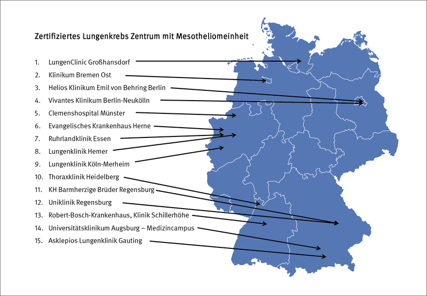 Abbildung 1: In Deutschland durch die DKG zertifizierte Mesotheliomeinheiten (Stand 9/2023) | © Grafik: DGUV, Daten: https://oncomap.de/centers?selectedOrgans=[Mesotheliom]&showMap=1