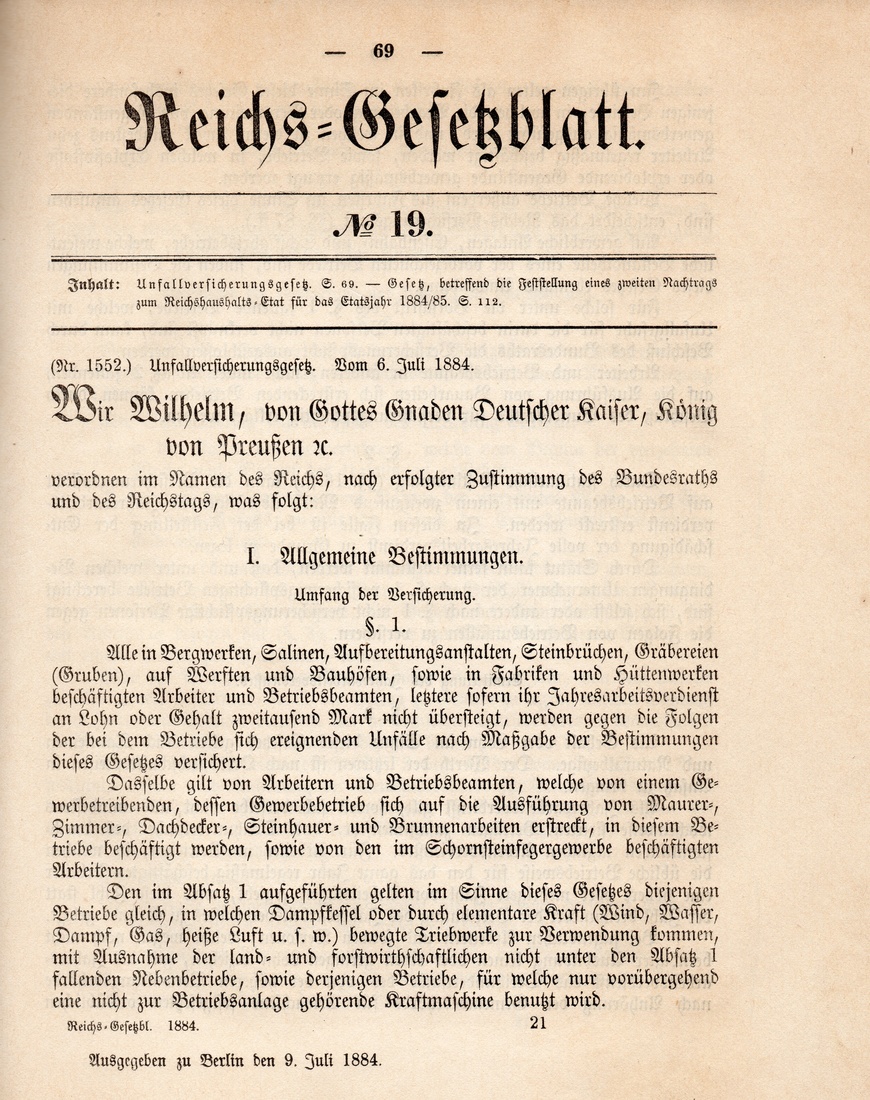 Abbildung 1: Das Unfallversicherungsgesetz wurde mit der Veröffentlichung am  6. Juli 1884 im Reichs-Gesetzblatt verabschiedet.  | © RGBl, 1884, S. 69