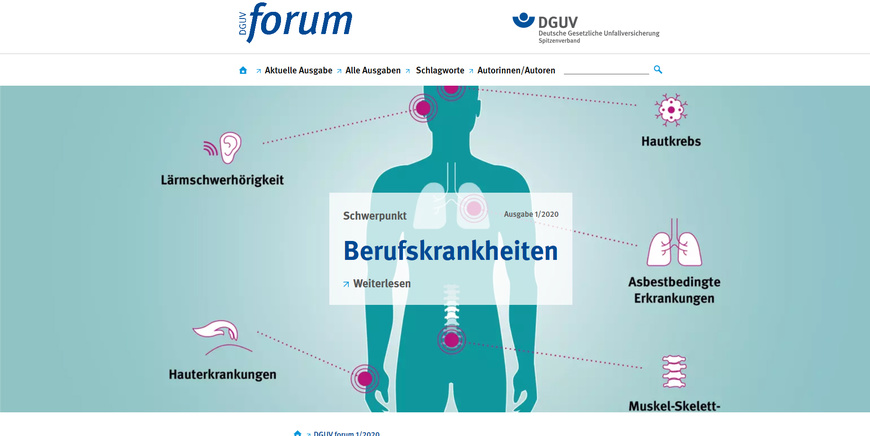 Der Kopf des DGUV Forum besteht neben der Wort-Bild-Marke und dem DGUV-Logo aus dem Menü sowie der für jede Ausgabe entwickelten Titelgrafik | © Screenshot